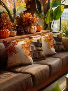 Pumpkin Maple Leaf Ghost Print Dot Embellishment Various Plants Patterns, Halloween Style, Color Autumn, Home Decoration, Throw Pillow - Soft And Comfortable Sofa Pillow For Living Room, Bedroom, And Car - Square Cushion Cover With No Pillow Core