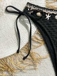 2025 New European & American Sexy Starfish & Shell Tassel Bikini Swimsuit Women, Cross-Border Set, Patchwork Letter Stripe Applique Knot Rhinestone