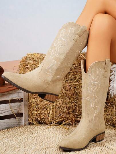 秋冬新款女士复古美式刺绣仿麂皮高筒靴，酷炫时尚卡其色粗跟骑马靴，潮流朋克切尔西靴，西部风格，牛仔靴