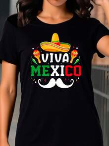 Camiseta de Mujer de Cuello Redondo y Mangas Cortas Diseño Viva Mexico incluye algodón - Negro - Ver 4
