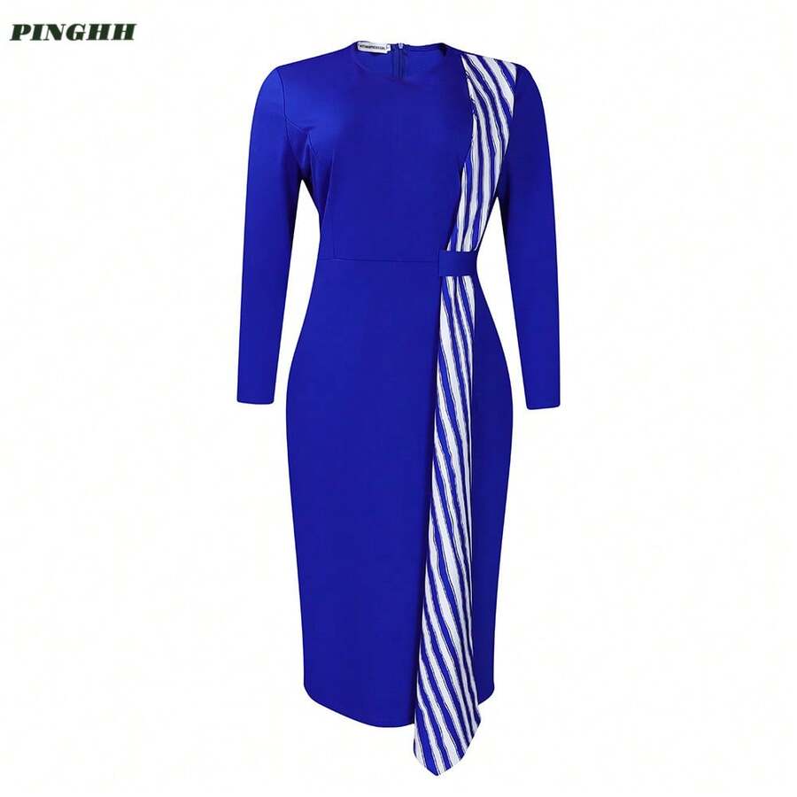 Womens 1950s Vintage Bodycon Pencil Midi Dress 3/4 Sleeve Work Church Knee Length Sheath Dress With Belt Belt - Xanh đậm - Xem 1
