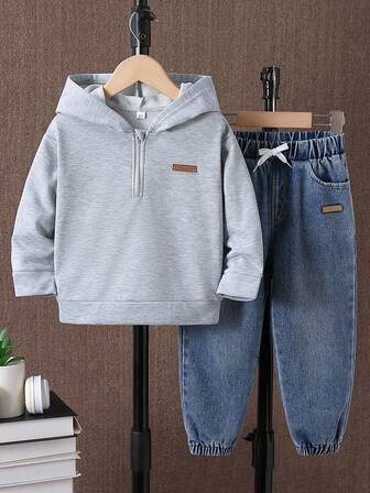 2pcs/Set Young Boy Casual Solid Color Patch Zipper Half-Zip Hoodie And Denim Long Pants Outfit, Suitable For Sports, Daily Wear, School, Outdoor, Spring & Autumn