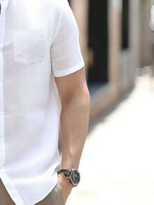 男士舒适短袖复古休闲衬衫，修身夏季上衣 - 白色 - 查看 4