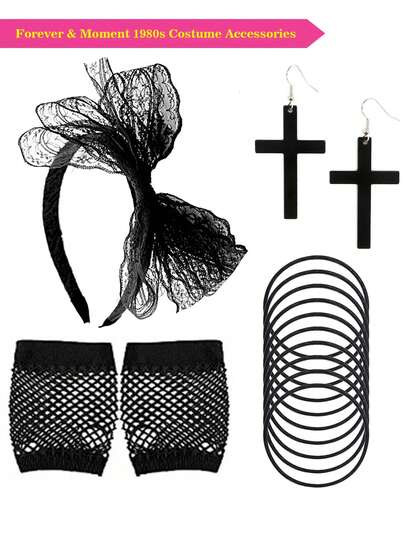 Forever & Moment 4 PCS 1980s Costume Accessories Set For Women Solid Color Lace Bow Hairband Cross Earrings Fishnet Gloves Bracelet Bride Wedding Decorations Gifts Dance Performance, Halloween