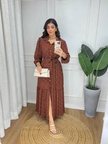 Delizmel Long Dress In Shirt Style With Long Sleeves And Buttons, Viscose Fabric, Flower Print - 鏽棕色 - 查看 4