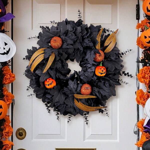 1 Stück Halloween Schwarzer Ahornblatt Toter Zweig Kranz Tür Hängedekoration Simulation Kürbis Rebe Kreis Dekorationsobjekt Halloween Party Layout Spukhaus Horror Dekoration Außentür Dekoration