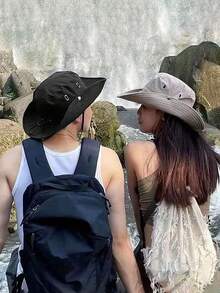 1 件男士纯色抽绳遮阳渔夫帽，户外休闲风格时尚舒适可调节帽子，适合春夏季、休闲、旅行、海滩、青少年 Y2K 风格、返校季 - 黑色 - 查看 3