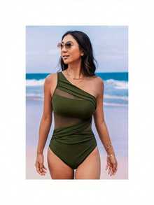 Women's Swimwear – Olive Green One-Shoulder One-Piece With Mesh Side Panels And High-Cut Leg, Sleek And Flattering For Summer Beachwear - 軍綠色 - 查看 1