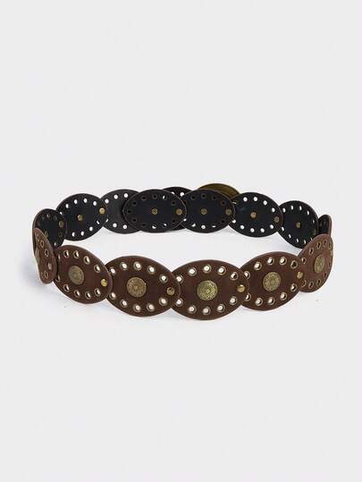 1pc Rivet Decor Polka Dot Bohemian Style Casual Belt, PU Material Jeans Belt, Suitable For Outdoor, Festival, Office, Western Style