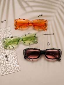 1 件装矩形时尚眼镜，带耳钉，个性化，赛博朋克风格，Y2K 未来科技眼镜，适合日常佩戴、街头摄影、度假派对、旅行、音乐节、装饰、返校校园风格，矩形墨镜