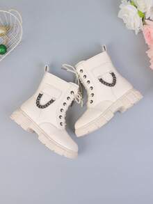 新款圆头儿童靴子休闲复古平底女童短靴防滑耐磨靴子女孩学生朋克靴 - 米色 - 查看 7