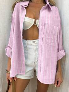 春季宽松休闲条纹撞色卷袖女式长袖衬衫，春、秋、夏、冬四季皆可日常穿着，女士长袖上衣，女士长袖衬衫 - 淡粉 - 查看 5