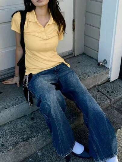 Solid Color Collar Short Sleeve Fitted Minimalist Women Knitted Blouse, Spring/Summer