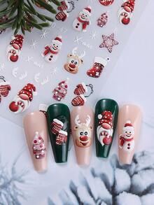 2张红色圣诞5D立体美甲贴纸，图案包括圣诞老人、雪人、雪花、球棒、帽子、围巾、靴子等节日元素，自粘式DIY美甲贴片，美甲用品，送给女性和女孩的礼物 - 彩色 - 查看 10