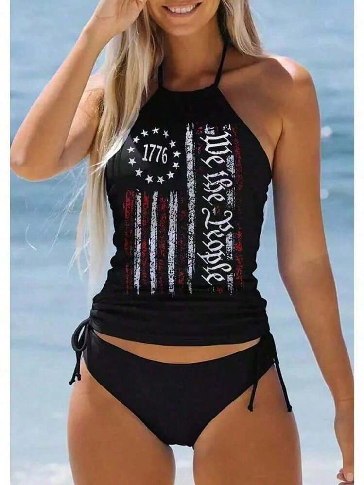Women's Patriotic Swimwear – Independence Day Flag Tankini With Modest Bottom, Ideal For July 4th Pool Parties And Beach Fun,Slim Fit Runs Small Recommend Order One Size Up, Tummy Control Waist Ruched Cinching, Swimwear For Beach Vacation & Pool Party - 黑色-3 - 查看 1