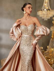 Faeriesty Abito da sera elegante con maniche a palloncino, orlo a sirena, raso con strascico, decorato con paillettes, adatto per eventi da red carpet, grandi gale, ricevimenti, banchetti e cerimonie - Champagne - Visualizzare 7