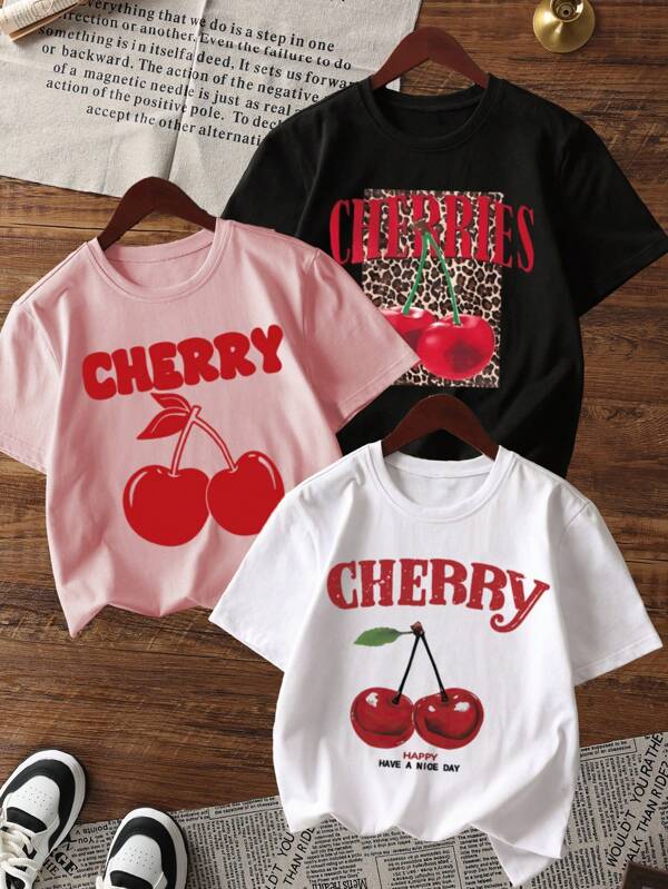 Set de 3 camisetas de manga corta y cuello redondo con estampado de leopardo y cereza, ropa de verano informal para niña preadolescente - ¡Las camisetas coloridas traen alegría y felicidad a cada niño!