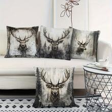 4 Stücke Vintage Hirsch Portrait Kissenbezüge, Polyester Kissenbezüge in verschiedenen Größen, mit verzaubertem Wald Design, Spitzendetails, Reißverschluss, maschinenwaschbar, geeignet für Heim- und Bürodekoration