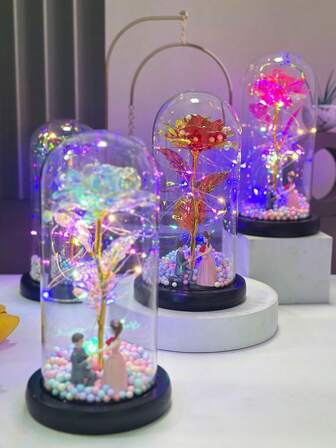 1pc Romantic Valentine's Day Gift Box, Artificial Rose Flower Glass Dome, Eternal Love Red Rose, Christmas, Mother's Day, Wedding Decor, Birthday Gift For Girlfriend, Wife, Glowing Ornament, Proposal Accessory