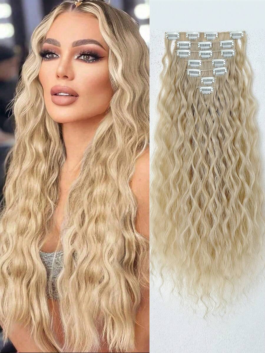16pcs Clip-In Hair Extensions, 22 Inches Long, Water Wave, Full Head Synthetic Hair Extensions Set For Women, 7pcs - Multicolor - View 1