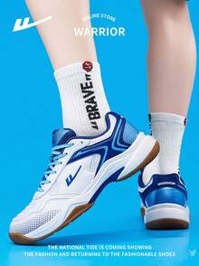 WARRIOR 1 Pair Men's Lace-Up Breathable Mesh Lightweight Sneakers, Non-Slip Soft Bottom, Suitable For Sports, Badminton, Outdoor, Casual Wear, Cushioned, Low-Top - Blue and White - View 3