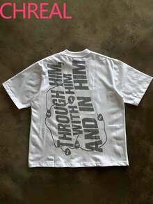 (Double Sided Printing)Letter Printed Fashionable And  Soft And Comfortable Casual T-Shirt, Suitable For Both Men And Women - 白色 - 查看 2