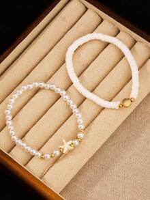 2pcs Fashionable Vintage Beach Style Natural Starfish Decor Adjustable Rice Bead Foot Chain Jewelry - Style 3 - View 3