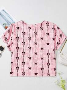 Acelitt Nueva blusa informal suelta de manga abullonada con estampado de lacito en color rosa claro de verano