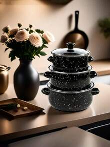 3件套厚搪瓷锅具套装，搪瓷材质，适用于多种炉灶，导热均匀，可用于炖肉、煮汤，透明玻璃盖可监控烹饪进度，双耳设计方便拿取，适用于家庭聚餐、户外聚会、送礼、冰箱冷藏食物、拉面锅、餐厅汤锅、学校食堂带盖碗 - 彩色 - 查看 8