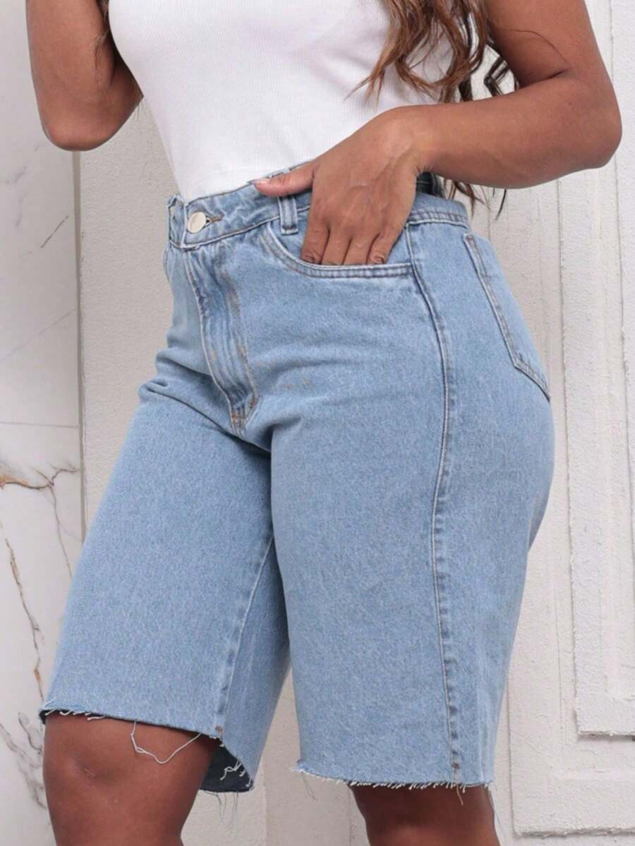 Women's Jorts Jeans Bermuda Shorts With Frayed Hem - 中等水洗藍 - 查看 1