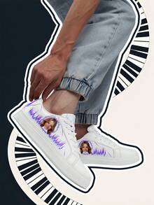 [Music Festival Theme] Custom Photo And Name Low-Top Sneakers, PU Upper Panel Shoes, Soundwave Light Print, Lightweight Comfortable Fashion Unisex Design