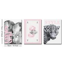 3件套无框豹纹、迪斯科球、嘴唇海报套装，粉色、黑色、白色可选，豹纹酒吧推车墙面艺术帆布画，学院风艺术，时尚杂志氛围，适合公寓、客厅、卧室、现代家居装饰 - 彩色 - 查看 10
