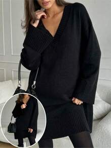 大码 V 领长袖针织毛衣连衣裙，休闲秋冬