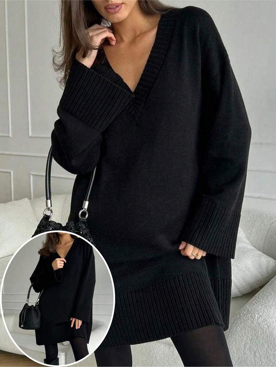 大码 V 领长袖针织毛衣连衣裙，休闲秋冬