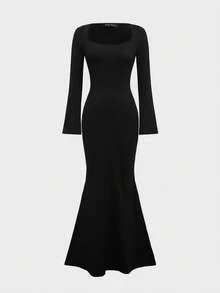 Floreya Basic Everyday Sexy Slim Fit Square Neck Long Sleeve Bodycon Black Maxi Dress For Women, Autumn Waist Fitted Slim Sexy Long Dress