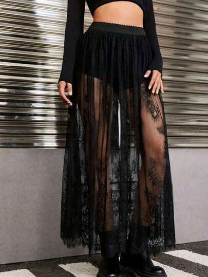 1pc Gauzy Skirt Lace Petticoat Elastic-Waisted Beach Dress(No Underwear)