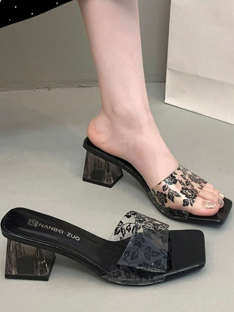 少女夏季户外简约一脚蹬凉鞋，2025新款韩版镂空高跟拖鞋，优雅居家 - 黑色 - 查看 1