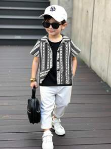 3pcs Set Boys Vertically Striped Knit Jacquard Hollow Shirt Outfit, Summer - Includes Button-Front Shirt, Sleeveless Vest, And Elastic Waist Pants With Pockets, Suitable For Vacation, Casual, And Daily Wear For 2-7 Years Old