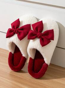 Women's Cute Big Bow Flat Slide Slippers For Indoor/Home Use - Burgundy - View 4