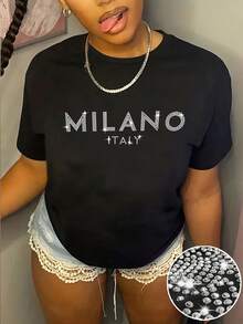 大码女式水钻装饰闪光圆领短袖 T 恤，闪光“意大利米兰”标语闪亮节日派对礼物上衣，适合所有季节