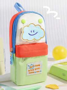 1pc Creative Colorblock Stationery Pouch, Large Capacity, Cute Patches, Minimalist Design, Unique,For School Supplies,Back To School