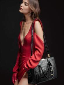 New Crocodile Embossed Handheld Tote Bag With Accessories - Black - View 5