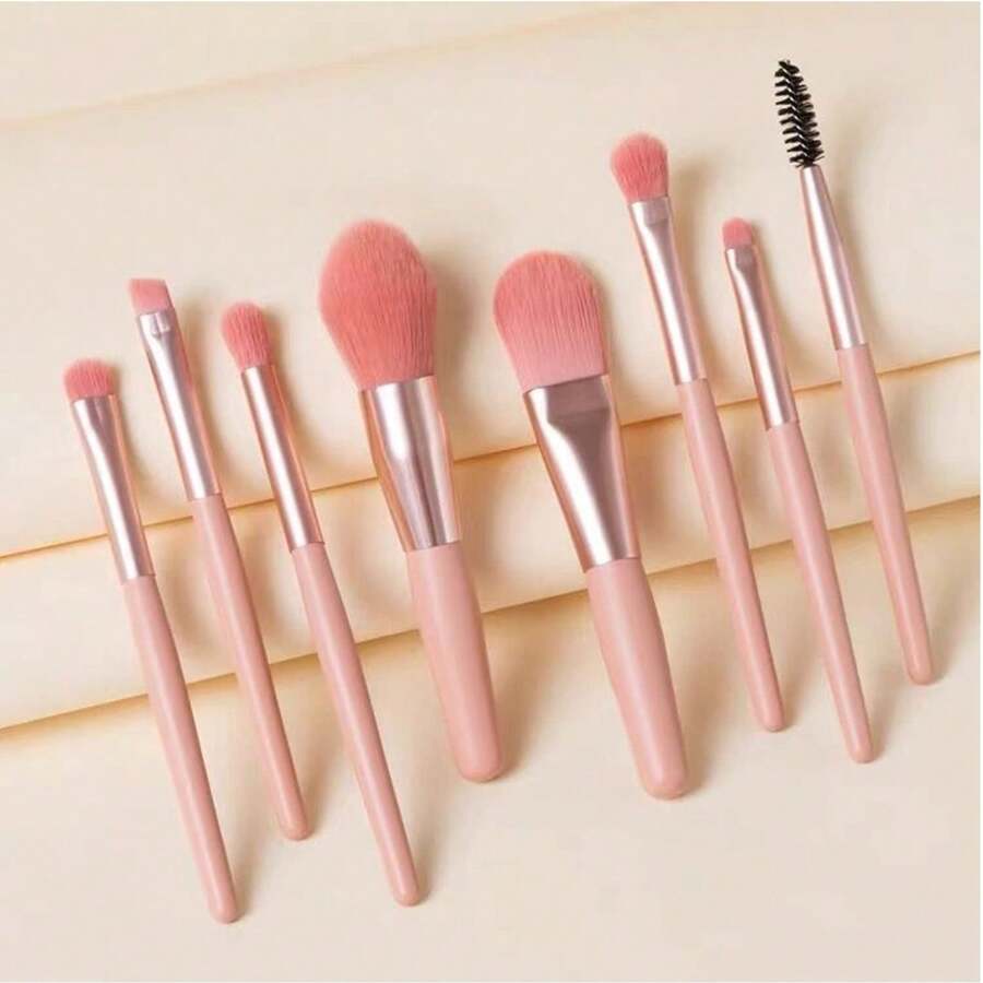 Set de 8 brochas de maquillaje de alta calidad que incluye brocha para sombra de ojos, brocha para polvo, brocha para contorno, brocha para iluminador, en una bolsa de maquillaje compacta y portátil (rosa)