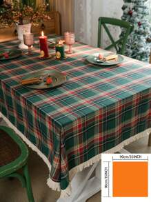 1pc Green Plaid Woven Tablecloth, Vintage American Style With Tassels, Rectangular For Dining Table, Coffee Table, TV Stand, Bedside Cabinet, Suitable For Christmas Holiday Family Gathering Party Decor, Creates Festive Atmosphere - Green - View 21