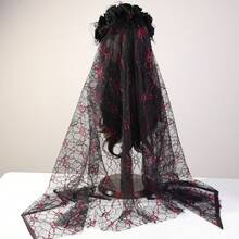 1pc Halloween Simulation Rose Flower Headband, Black Veil Headband, Black Veil Headpiece, Costume Accessory For Valentine's Day Party, Bridal Red Rose Veil