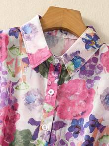 Plus Size Women's Short Sleeve Button-Down Shirt, All-Over Floral Print, Collared - Casual Daily, Festive, Travel Shirt Suitable For Spring, Summer, Autumn Evenings Pink - Pink - View 4