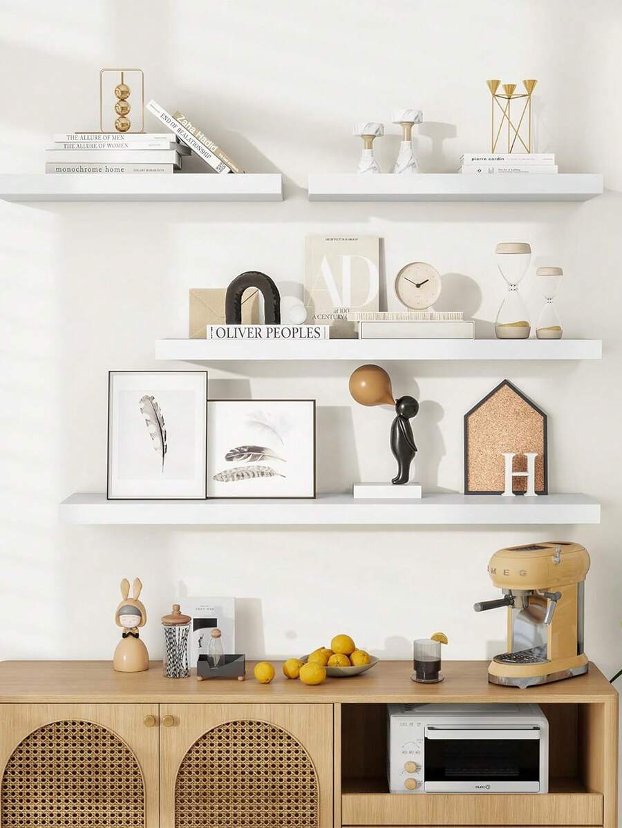 1 pieza Estante flotante de madera y plástico, estante de pared para chimenea, estante de madera y plástico estilo granja, apto para decoración de pared de baño, cocina y oficina - Blanco - Ver 1
