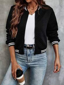 Women's Autumn/Winter Fashion Contrast Color Striped Baseball Jacket