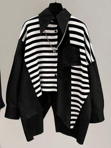 Women's Casual Asymmetric Striped Color Block Drop Shoulder Long Sleeve Button Down Collar Pocket Loose Blouse With Back Slit, Autumn