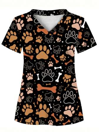 Women's Allover Print Scrub Top With Dog Paw Print & Bone Pattern, 2 Pockets, Comfortable T-Shirt Suitable For Healthcare Professionals - Soft, Breathable, Practical Uniform For Hospitals, Dental Clinics, Salons And Facilities, Nursing Workwear